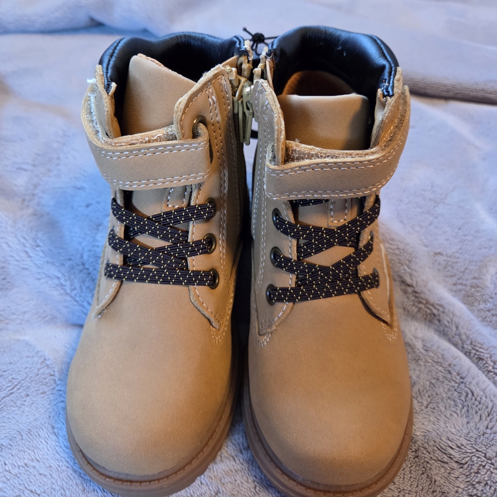 wonder nation Tan Lace-Up Kids Boots with Velcro Strap